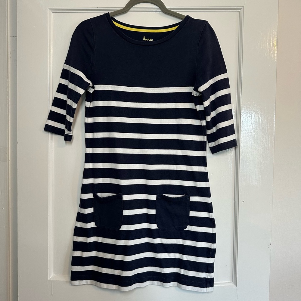 Boden Navy & White Stripes 3/4 Sleeve Cotton Dress